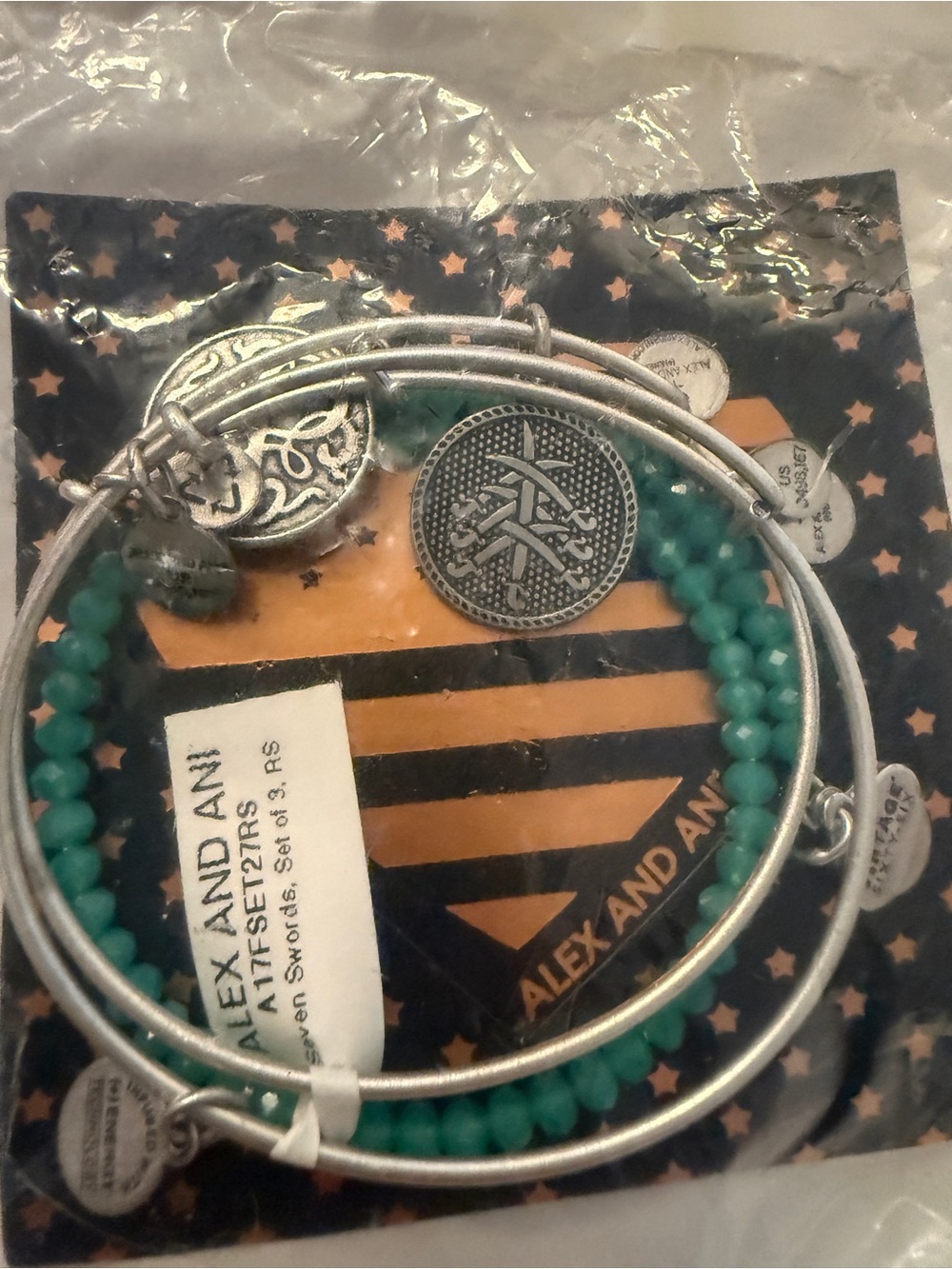 Alex and Ani Silver seven swords set Bangles with Teal Beaded Bracelet